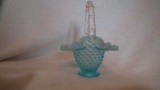 Blue opalescent basket, hobnail pattern, clear handle, 5 7/8”H x 4 5/8”W