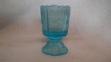 Blue & light blue opalescent toothpick holder on pedestal, daisy pattern, 3 5/8”H x 2.25”W