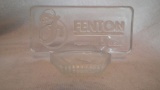 White opalescent “Fenton Handmade in U.S.A.” sign piece, Fenton cursive F on front, 2 5/8”H x 5”W