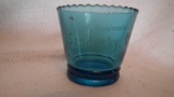 Blue glass with gold trim toothpick holder, “Sandusky, Ohio” in gold, beaded top 2 3/8”H x 2 5/8”W