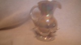 White iridescent handled pitcher, marked Gibson 1985, 5 3/8”H x 5”W