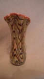 Vase, white inside, orange top, yellow/brown/orange design, 6 3/8”H x 4/5”W