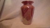 Red, pink, white iridescent swirled vase, marked Gibson 1984, 7”H x 4.5”W