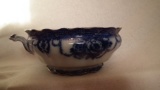 Flow blue handled pot,