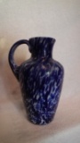 Blue & white splatterware jug with stopper, marked Gibson 1935, 9.5”H x 5”W