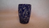 Blue & white splatterware shot glass, marked Gibson 1935, 2.75”H x 1.75”W