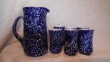 Blue & white splatterware pitcher & 6 glasses