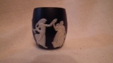 Blue & white toothpick holder, dancing ladies, marked Dudson Hanley England, 2.5”H x 1.75”W