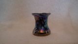 Carnival glass splatter pattern toothpick holder, marked Gibson 1984, scalloped top, 2.25”H x 2”W