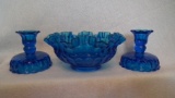 Blue bowl & 2 candle stick holders,