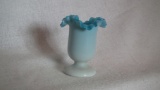 Light blue & aqua toothpick holder, crimped top, 3.5”H x 2.75”W