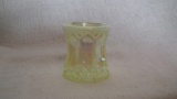 Yellow opalescent toothpick holder, marked Gibson 1997, 2.25”H x 2”W