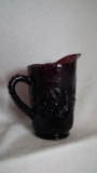 Amethyst pitcher, cherry pattern, unmarked, 8”H x 7 7/8”W