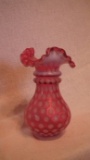 Cranberry opalescent vase, coin spot pattern, crimped top, stamped Fenton, 6.5”H x 4.5”W