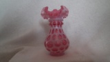 Cranberry opalescent vase, coin dot pattern, crimped top, unmarked Fenton, 6.5”H x 3”w