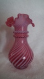 Cranberry opalescent vase, rib optic pattern, crimped top unmarked Fenton, 6.5”H x 3.5”W