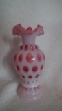 Cranberry opalescent vase, coin dot pattern, crimped top, unmarked Fenton, 6.75”H x 3”W