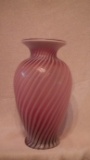 Cranberry opalescent vase, spiral optic pattern, stamped Fenton, late 1980s, 13”H x 5.5”W