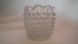 White opalescent votive candle holder, hobnail pattern, crimped top, 2.5”H x 2 7/8”W