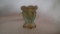 Toothpick holder, green opalescent, double top, crimped, marked Fenton, 2.5”x2”