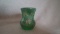 Toothpick holder, green opalescent, swirl design in glass, marked Gibson 1935, 2.75”x2.25”