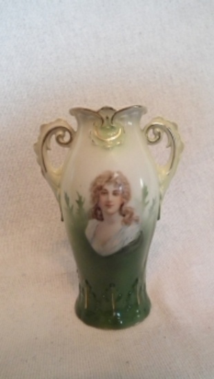 Green, white, & gold 2 handled vase,