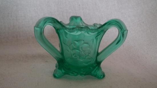 Green 3 handled toothpick holder, flowers on the panels, marked K (Kemple Glass), 2 3/8”H x 3.25”W