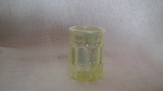 Yellow opalescent toothpick holder, marked Gibson 1997, 2.25”H x 1.75”W