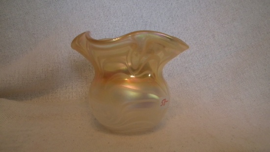 Bowl, gold carnival with white swirls, wavy edged top, signed Terry Crider 1987, 4.25”H x 5.25”W