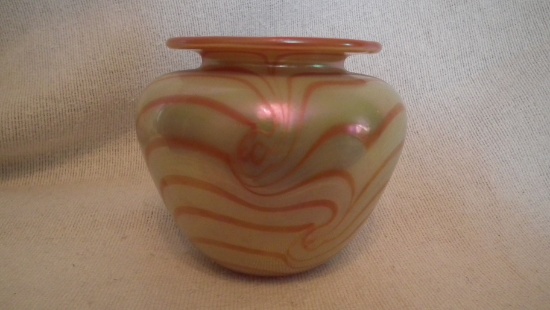 Spittoon, green with pink top & orange swirls, signed Terry Crider 1981, 3 7/8”H x 4.5”W