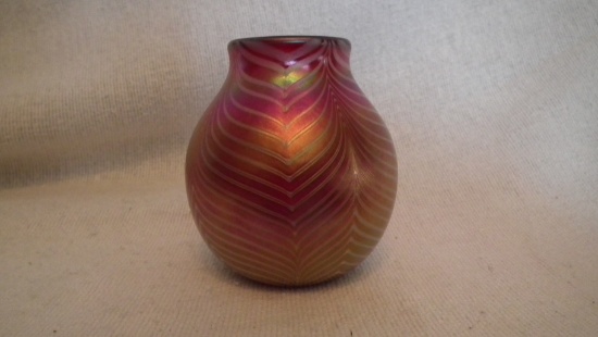 Vase, burgundy with white feathered design, signed Terry Crider 1988, 3 1/8”H x 3”W
