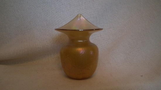Vase, gold iridescent, crackle design, jack in the pulpit, signed Terry Crider 1979, 6”H x 4 3/8”W