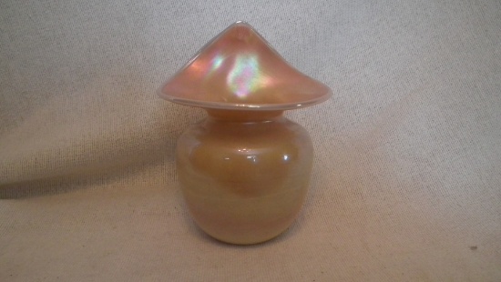 Vase, pink & yellow iridescent, jack in the pulpit, signed Terry Crider 1979, 6 7/8”H x 4 5/8”W