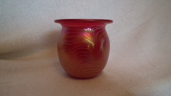 Spittoon, red with white feathery design, signed Terry Crider (no date), 3 3/8”H x 3.5”W