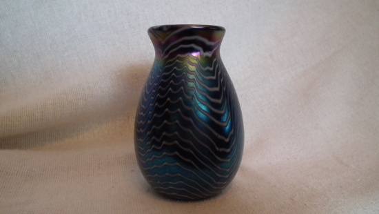 Vase, purple/blue carnival with white line design, signed Terry Crider (no date), 4 3/8”H x 3 1/8”W