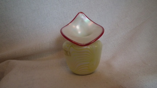 Spittoon, white with yellow wavy lines & red trim on top,