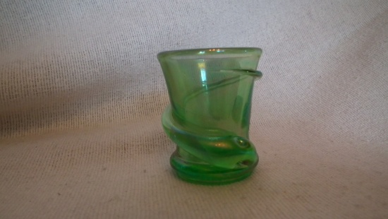Snake toothpick holder, green, signed Terry Crider 1985, 2.25”H 2 1/8”W