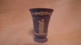 Blue & white toothpick holder, unreadable maker mark (may be Wedgewood), 2 1/8”H x 1.75”W