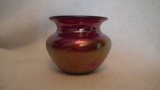 Spittoon, burgundy with white swirl design, signed Crider 1993, 2.75”H x 3.5”W