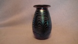 Spittoon vase, blue carnival with white swirly lines, signed Terry Crider (no date), 4.5”x3”