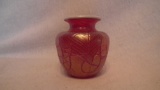 Spittoon, red with white on top, crackle design, signed Terry Crider (no date), 3.75”x4”