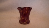 Toothpick holder, brown with brown tiger spots. 5 sided top, signed Terry Crider 1984, 2.25”x2”