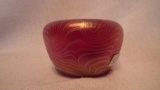 Spittoon or rose bowl, red iridescent with white scallops, signed Crider 1981, 2 1/8”x3 3/8”