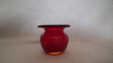 Spittoon toothpick holder, clear red, signed Crider (no date), 1 7/8”x2.25”