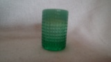 Toothpick holder, green opalescent, small inverted spots design, marked Gibson 1986, 2.5”x1.75”