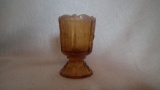 Toothpick holder, amber opalescent, daisy & vine pattern, crimped top, marked Fenton, 3.5”x2 3/8”