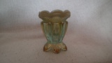 Toothpick holder, green opalescent, double top, crimped, marked Fenton, 2.5”x2”