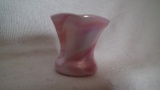 Toothpick holder, pink & white iridescent, 6 sided top, marked Gibson 1986, 2.5”x2 5/8”