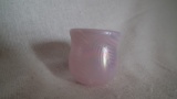 Toothpick holder, pink iridescent with pink lines, round top, signed Crider 2009, 2 1/8”x2”