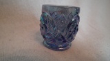 Toothpick holder, blue iridescent, pressed design, air bubble inside glass, unmarked, 2 1/8”x2”